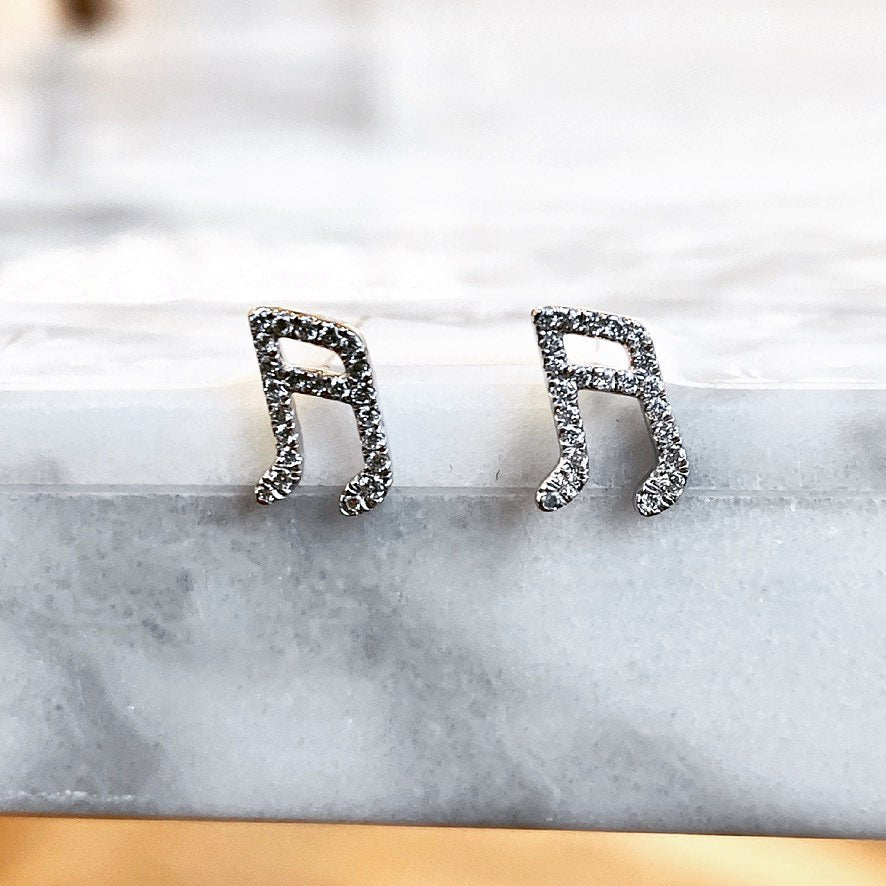 14K White Gold Diamond Music Note Stud Earrings 12/100CTW