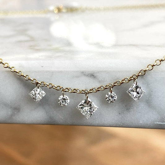 14K Yellow Gold Princess and Round Floating Diamond Neckace