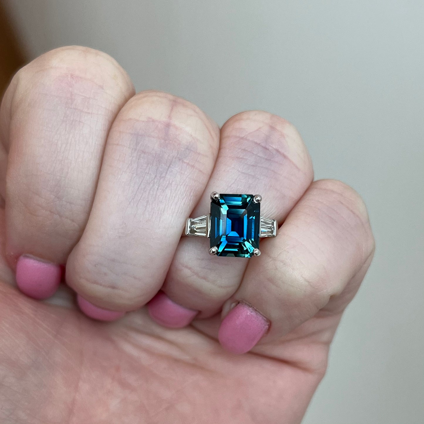 14K White Gold Color-Shifting Teal Sapphire and Diamond Ring