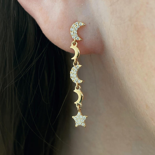 14K Yellow Gold Star & Moon Diamond Dangle Earrings 21/100CTW