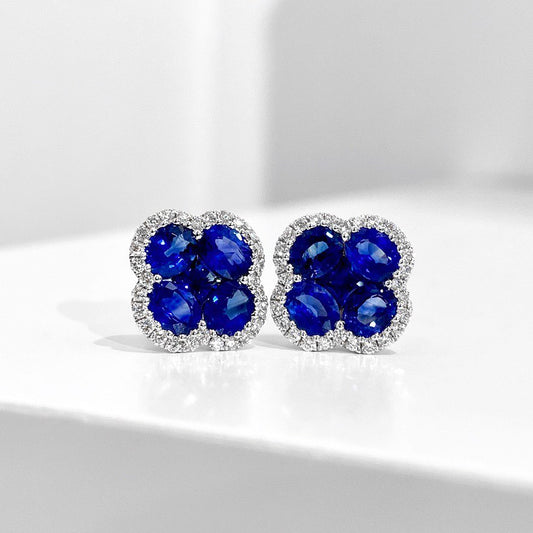 18K Oval Sapphire and Diamond Halo "Clover" Stud Earrings 3.01CTW
