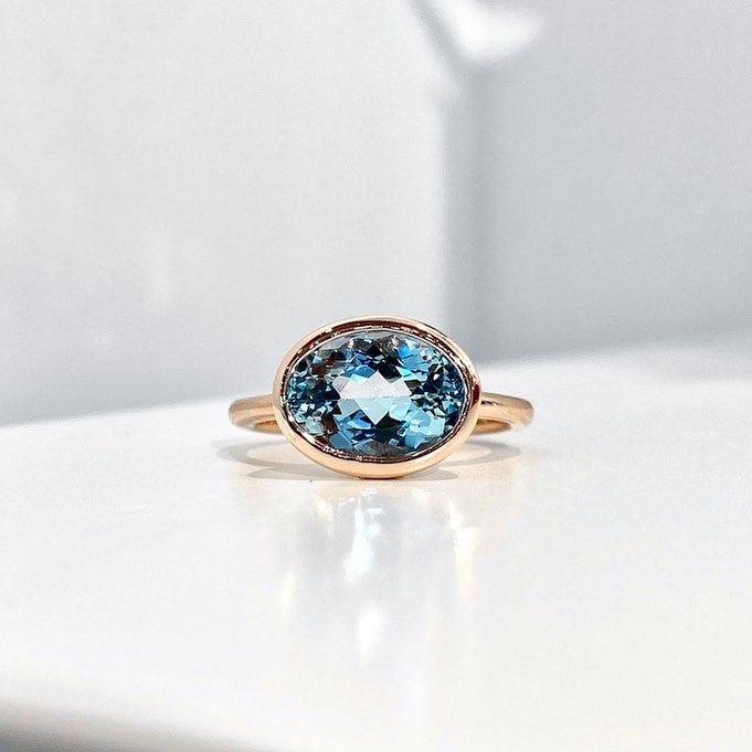 14K Rose Gold East/West Bezel Set Aquamarine Ring 3.00CT