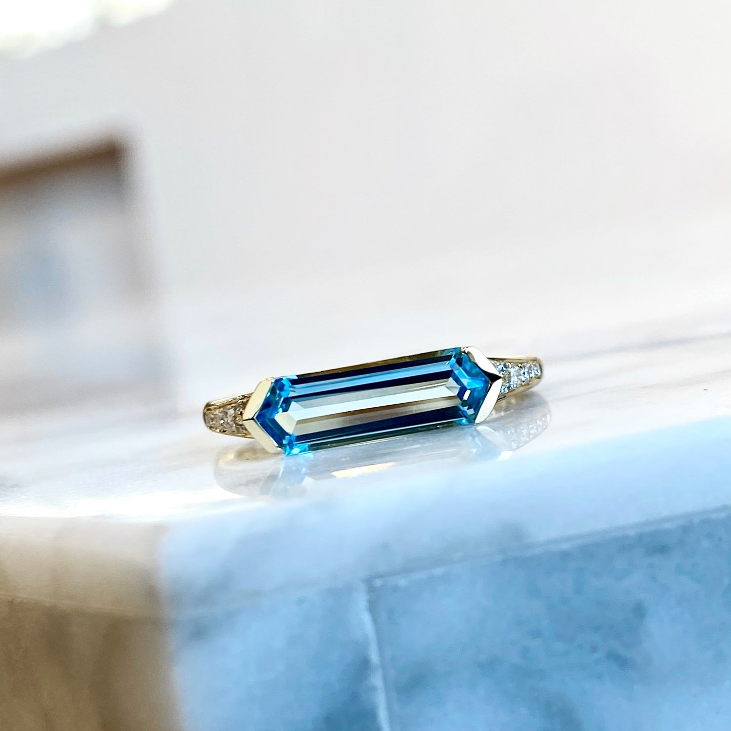 14K East West Hexagon Blue Topaz and Diamond Ring