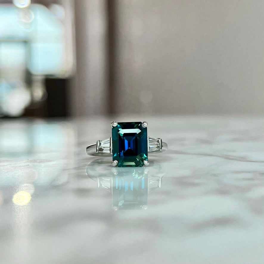 14K White Gold Color-Shifting Teal Sapphire and Diamond Ring