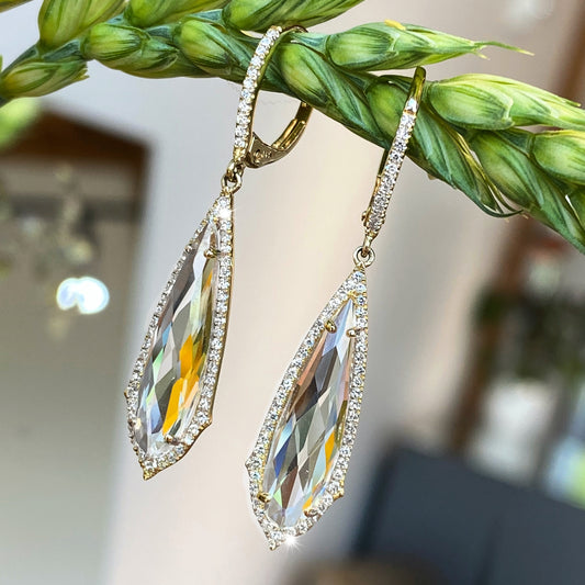 14K Yellow Gold White Topaz and Diamond Halo Drop Earrings