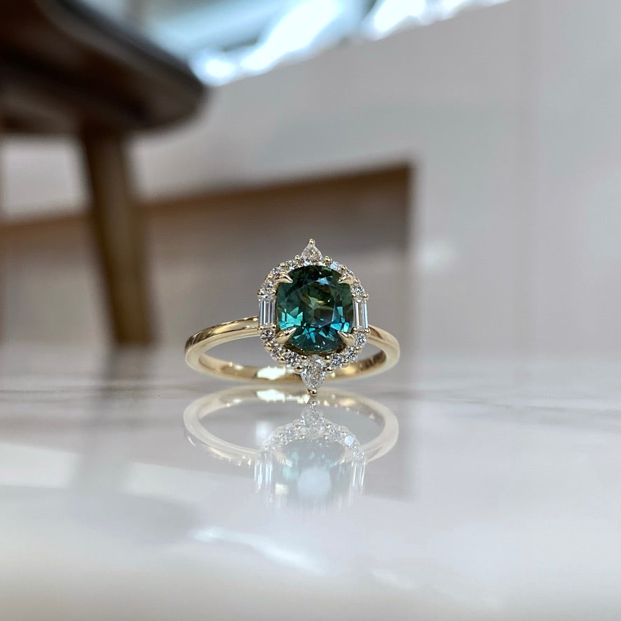14K Yellow Gold Cushion Cut Teal Color Shifting Sapphire and Diamond Ring