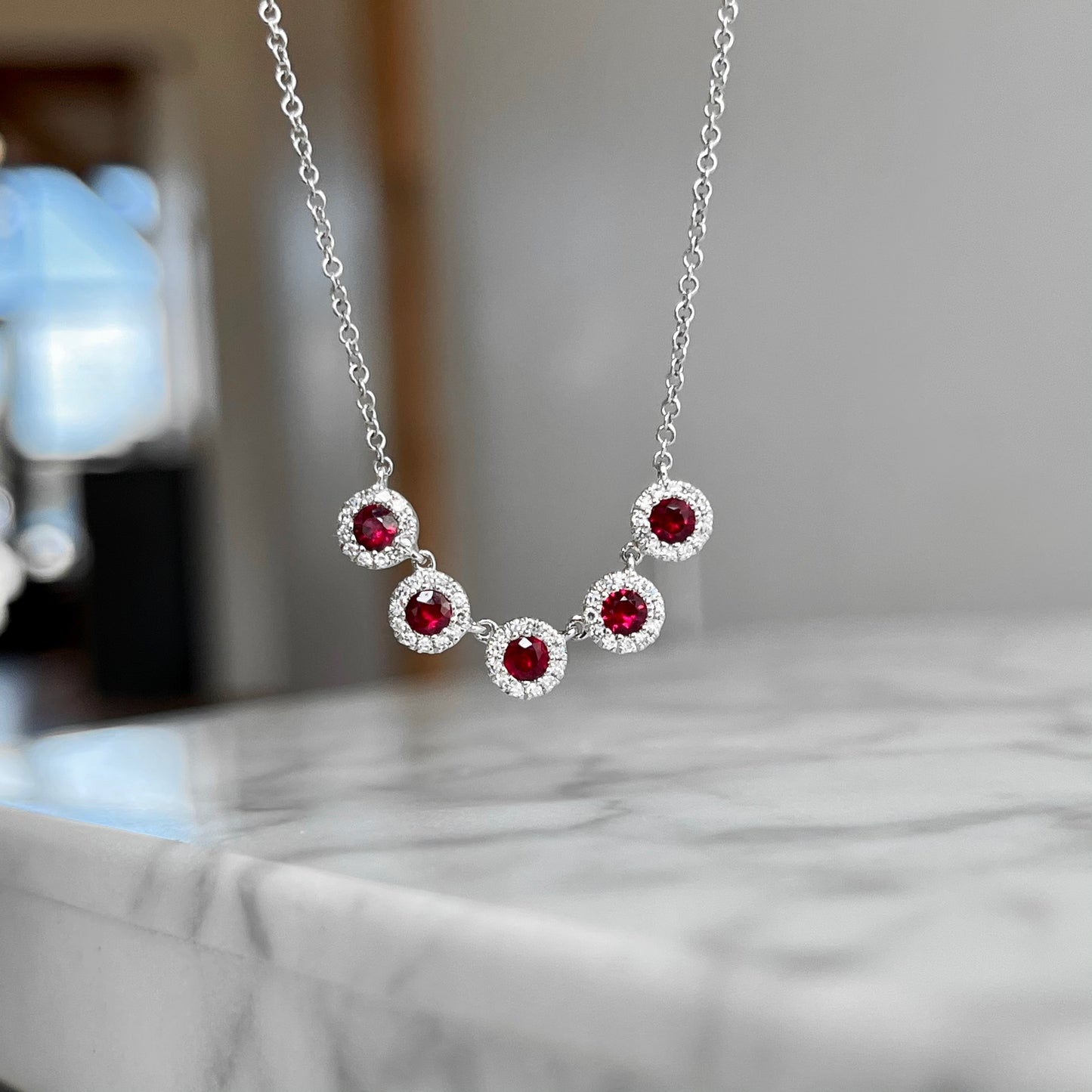 14K White Gold Ruby and Diamond Five Stone Necklace 65/100CTW