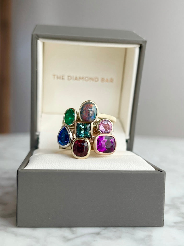 14K Yellow Gold Oval Black Opal Bezel Stackable Ring