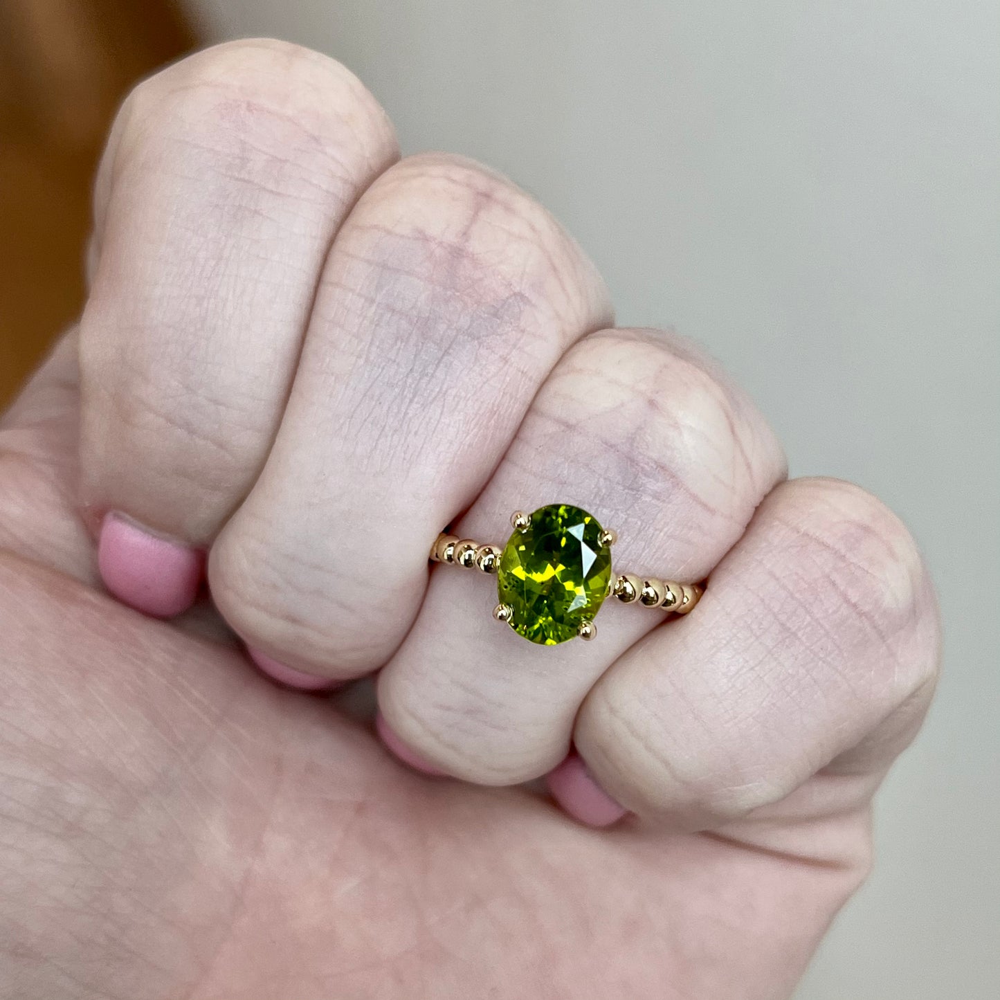 14K Yellow Gold Beaded Solitare Peridot Ring 2.07CT