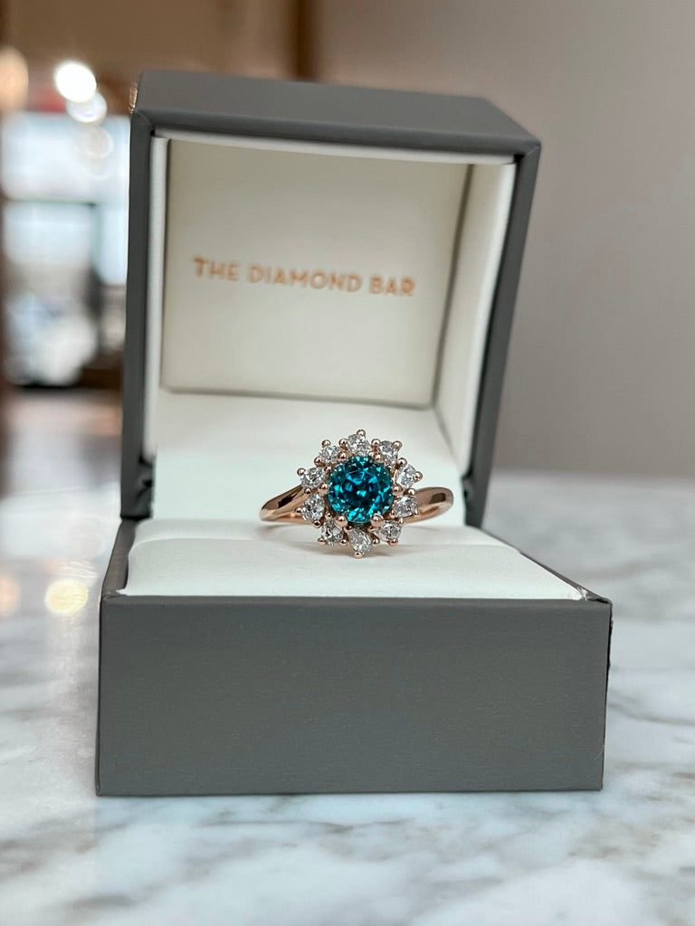 14K Rose Gold Blue Zircon and Diamond Halo Ring