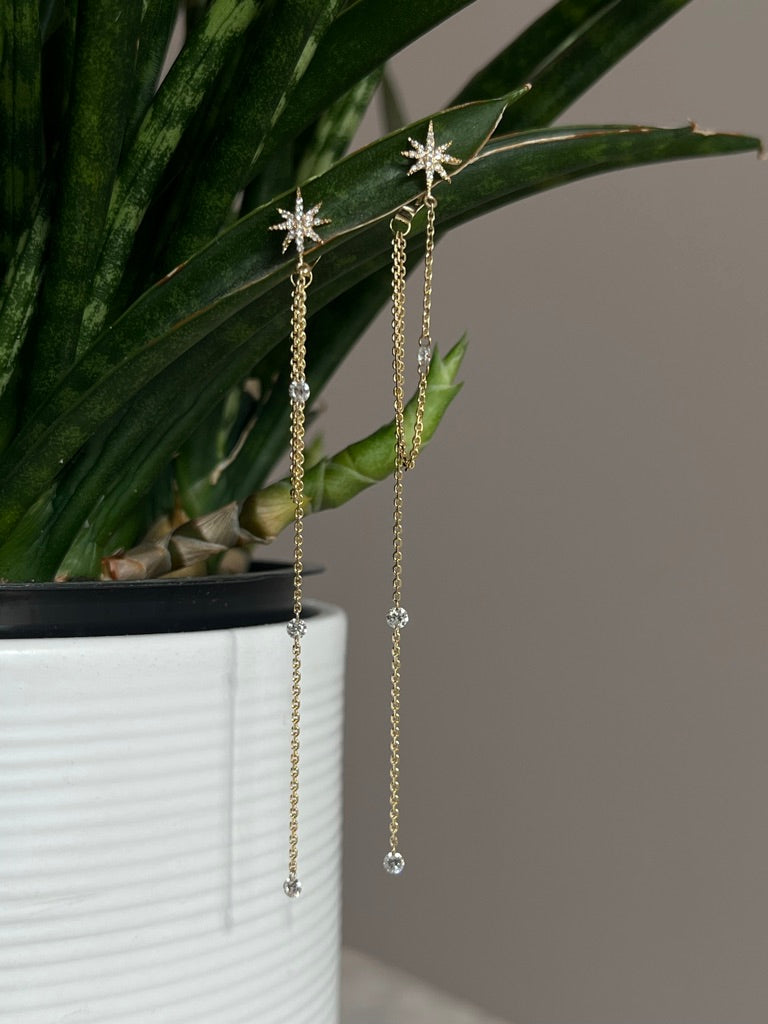 14K Yellow Gold Floating Diamond Star Chain Dangle Earrings