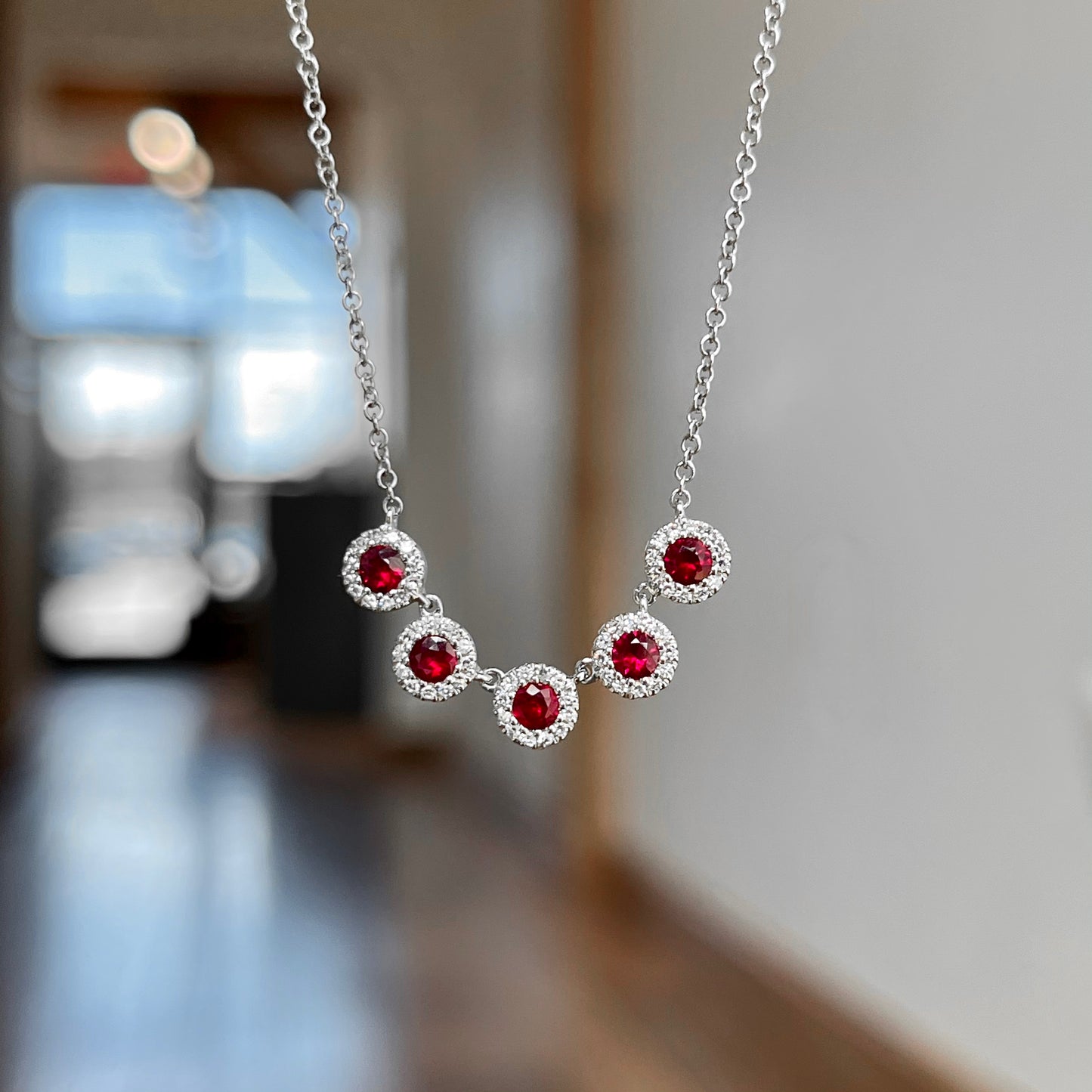 14K White Gold Ruby and Diamond Five Stone Necklace 65/100CTW