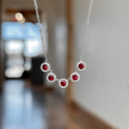 14K White Gold Ruby and Diamond Five Stone Necklace 65/100CTW