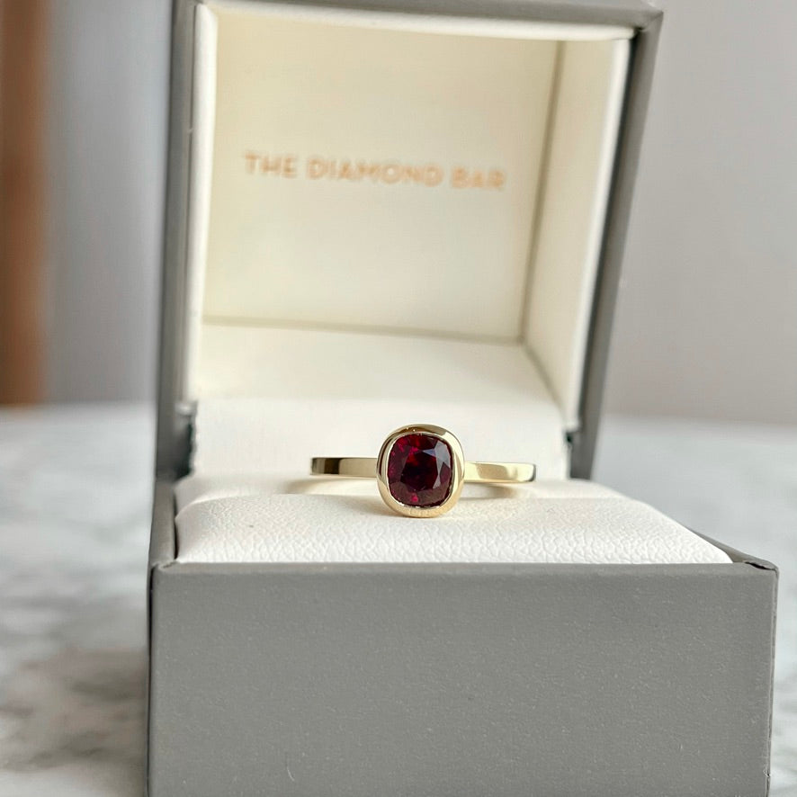 18K Yellow Gold Cushion Ruby Bezel Stackable Ring