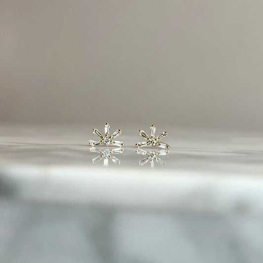 14K Yellow Gold Baguette Diamond Sunburst Earrings