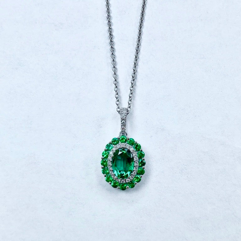 14KK White Gold Emerald and Diamond Double Halo Necklace