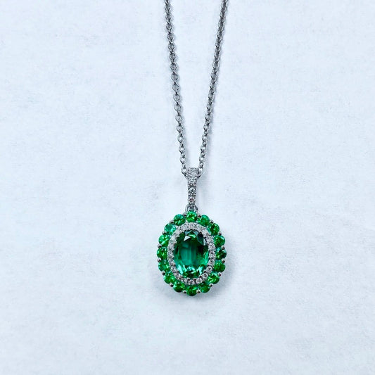 14KK White Gold Emerald and Diamond Double Halo Necklace