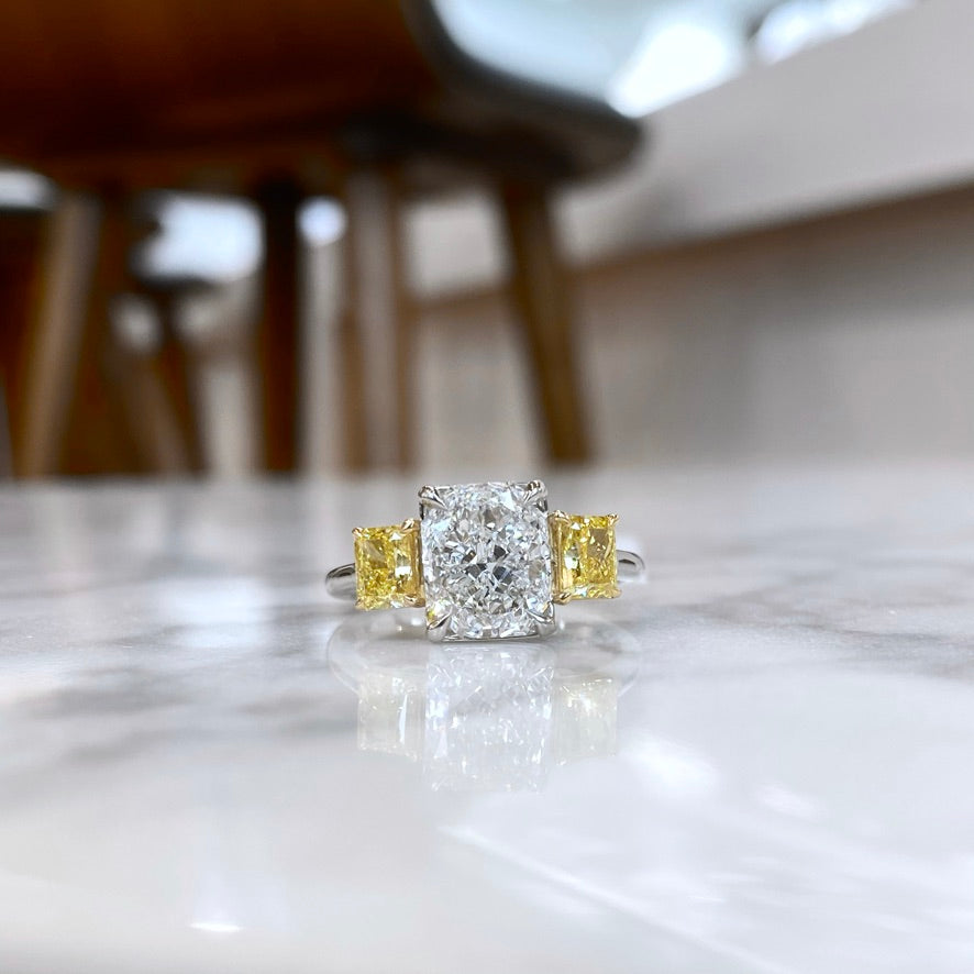 Platinum and 18K Yellow Gold GIA Radiant and Yellow Diamond Ring
