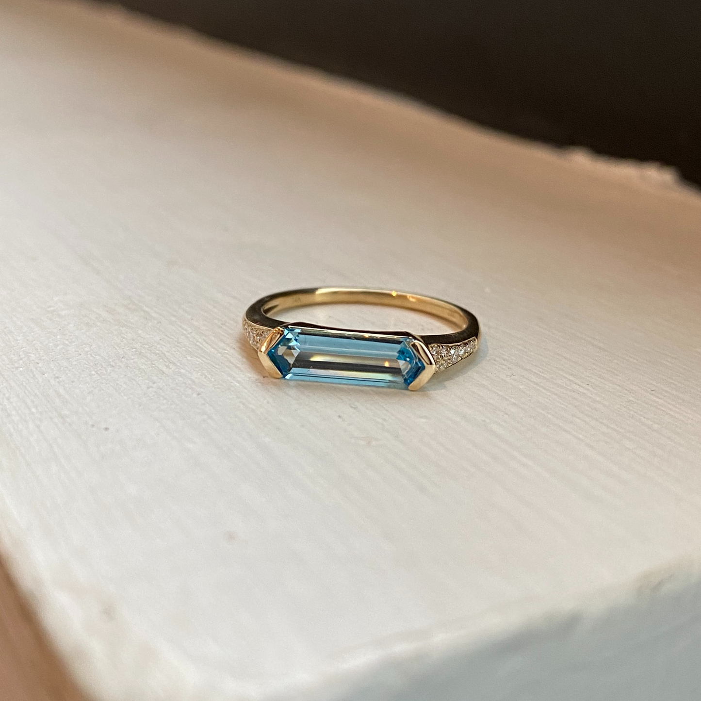 14K East West Hexagon Blue Topaz and Diamond Ring