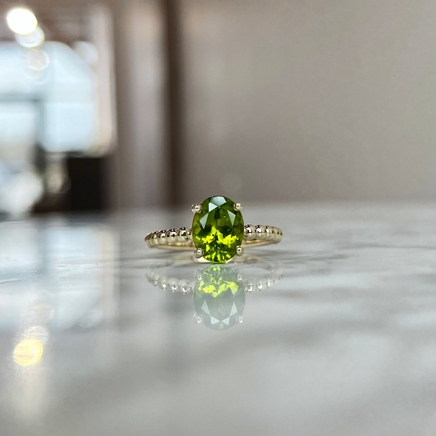 14K Yellow Gold Beaded Solitare Peridot Ring 2.07CT