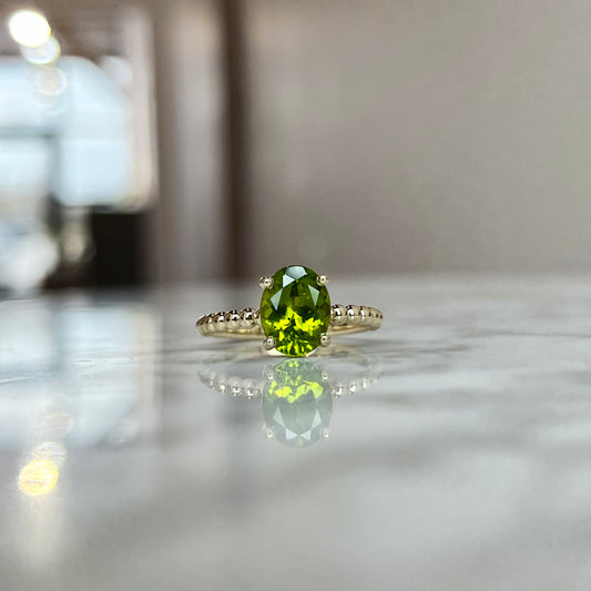 14K Yellow Gold Beaded Solitare Peridot Ring 2.07CT