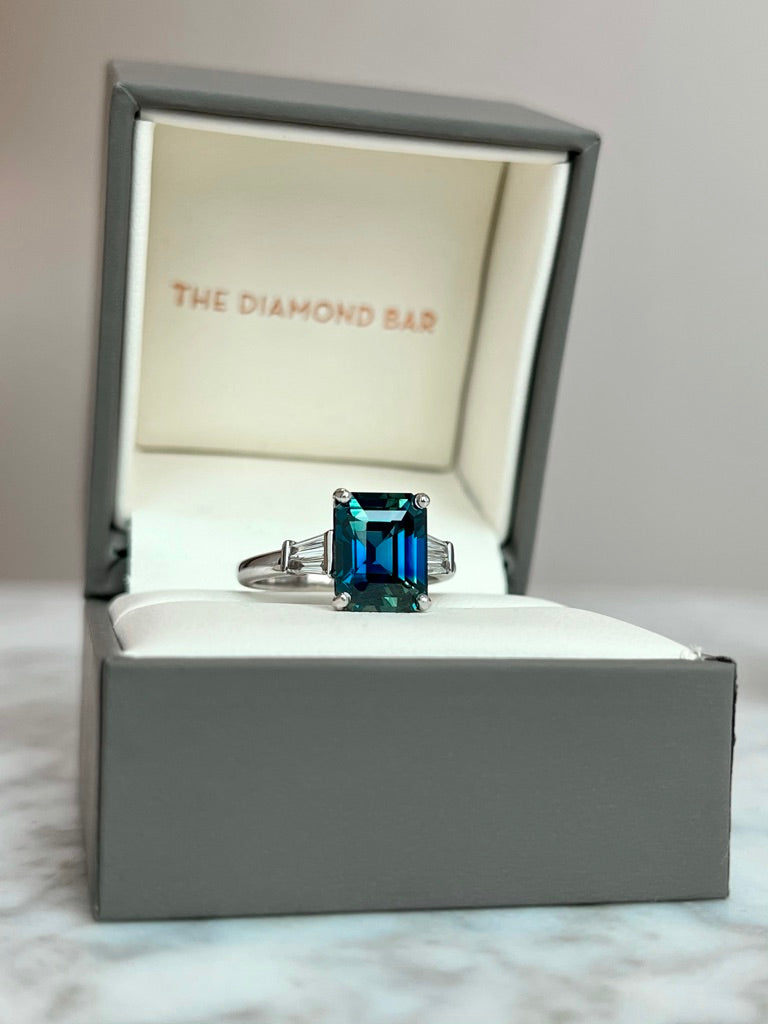 14K White Gold Color-Shifting Teal Sapphire and Diamond Ring