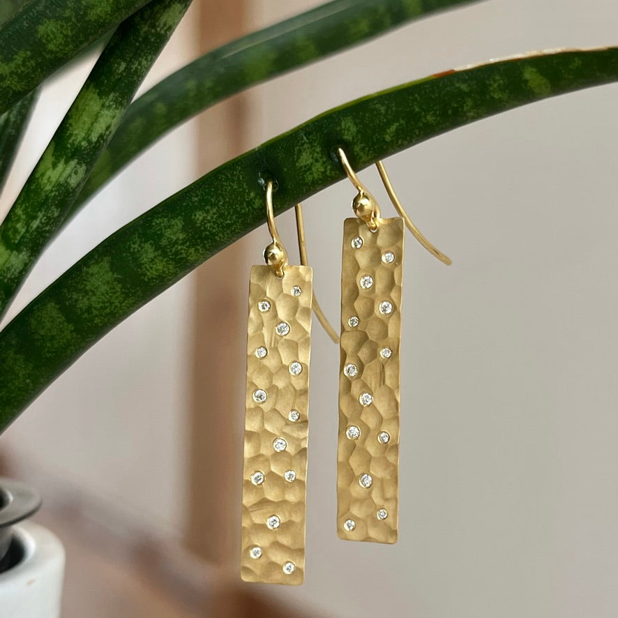 14K Yellow Gold Gypsy Set Hammered Diamond Earrings
