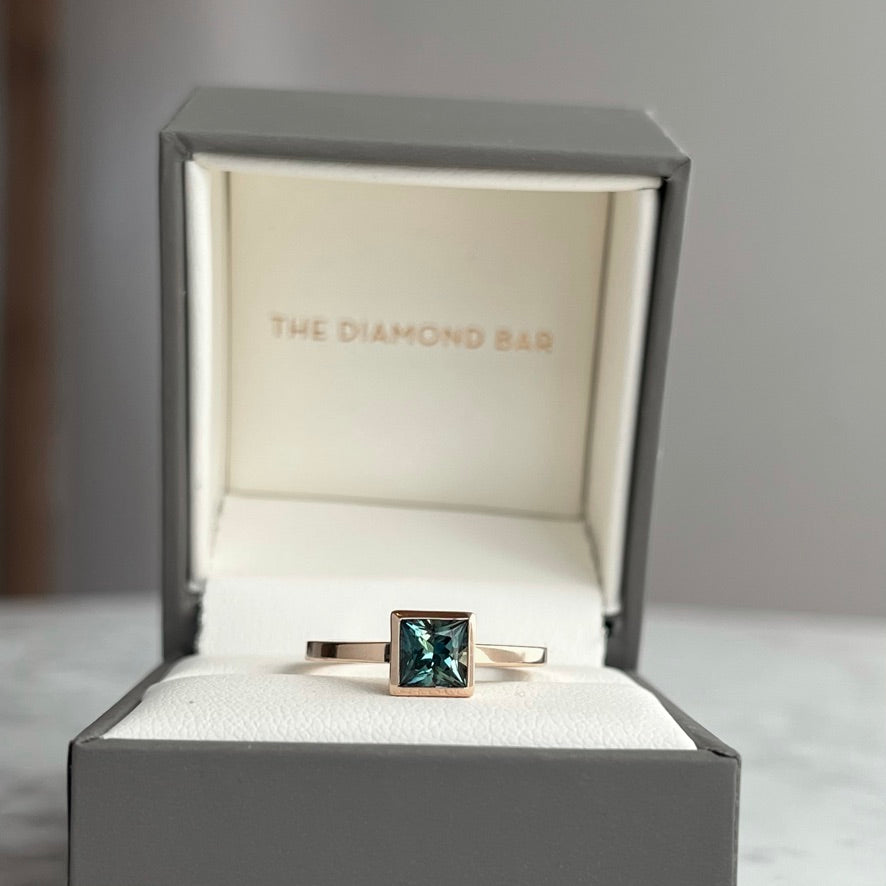 14K Rose Gold Princess Cut Teal Blue Sapphire Stackable Bezel Ring