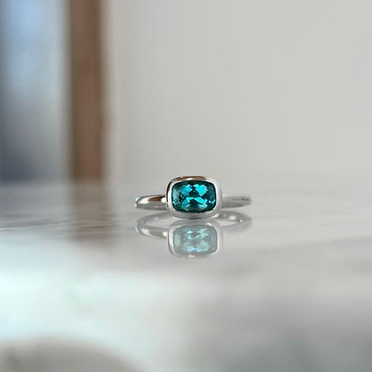 14K White Gold Elongated Cushion Blue Zircon Bezel Stackable Ring