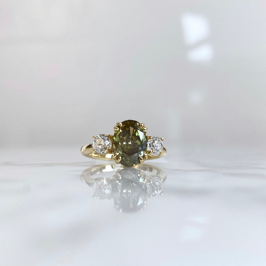 18K Yellow Gold GIA Oval Chameleon Diamond Three Stone Ring