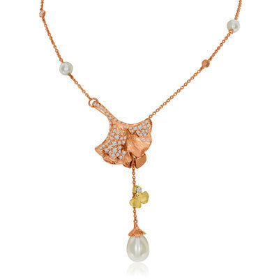 14K Two-Tone Gingko Diamond and Pearl "Y" Lariat Necklace 54/100CTW