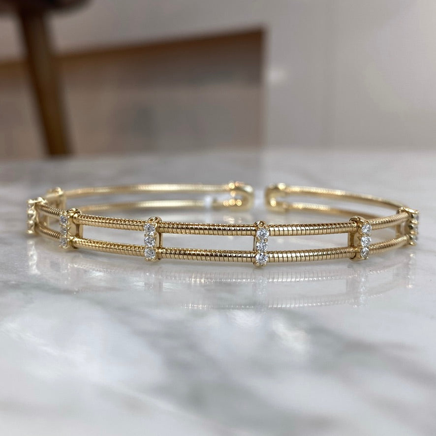 14K Yellow Gold Double Row Diamond Flexible Cuff Bracelet 31/100CTW