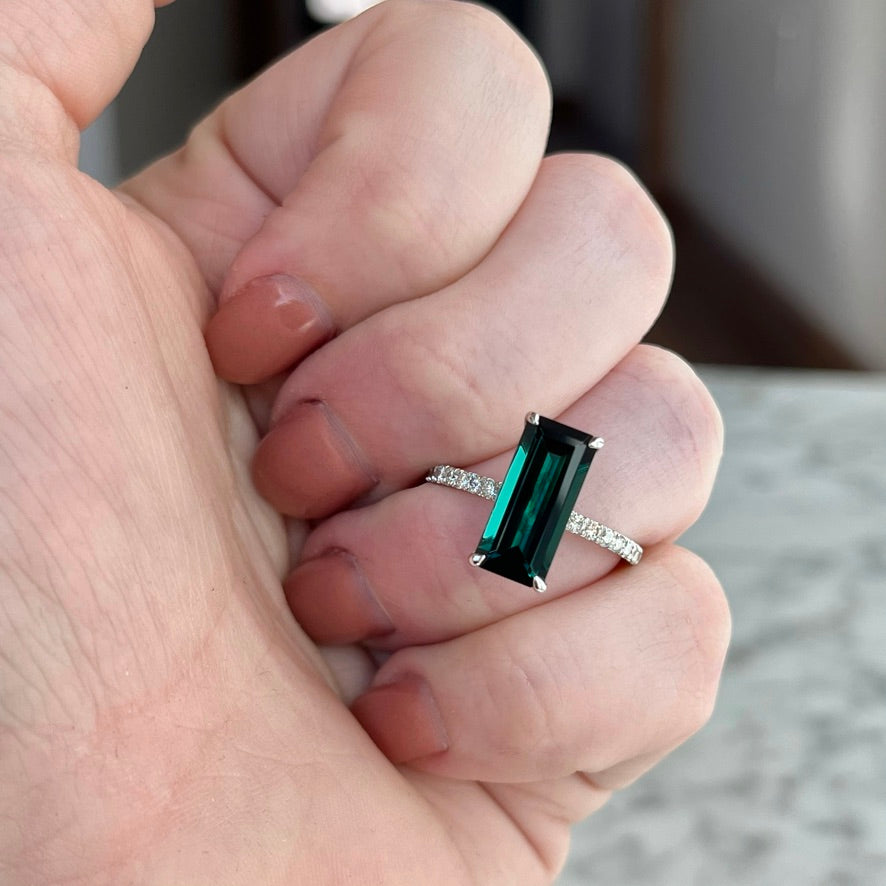 14K White Gold Elongated Teal Tourmaline and Diamond Ring