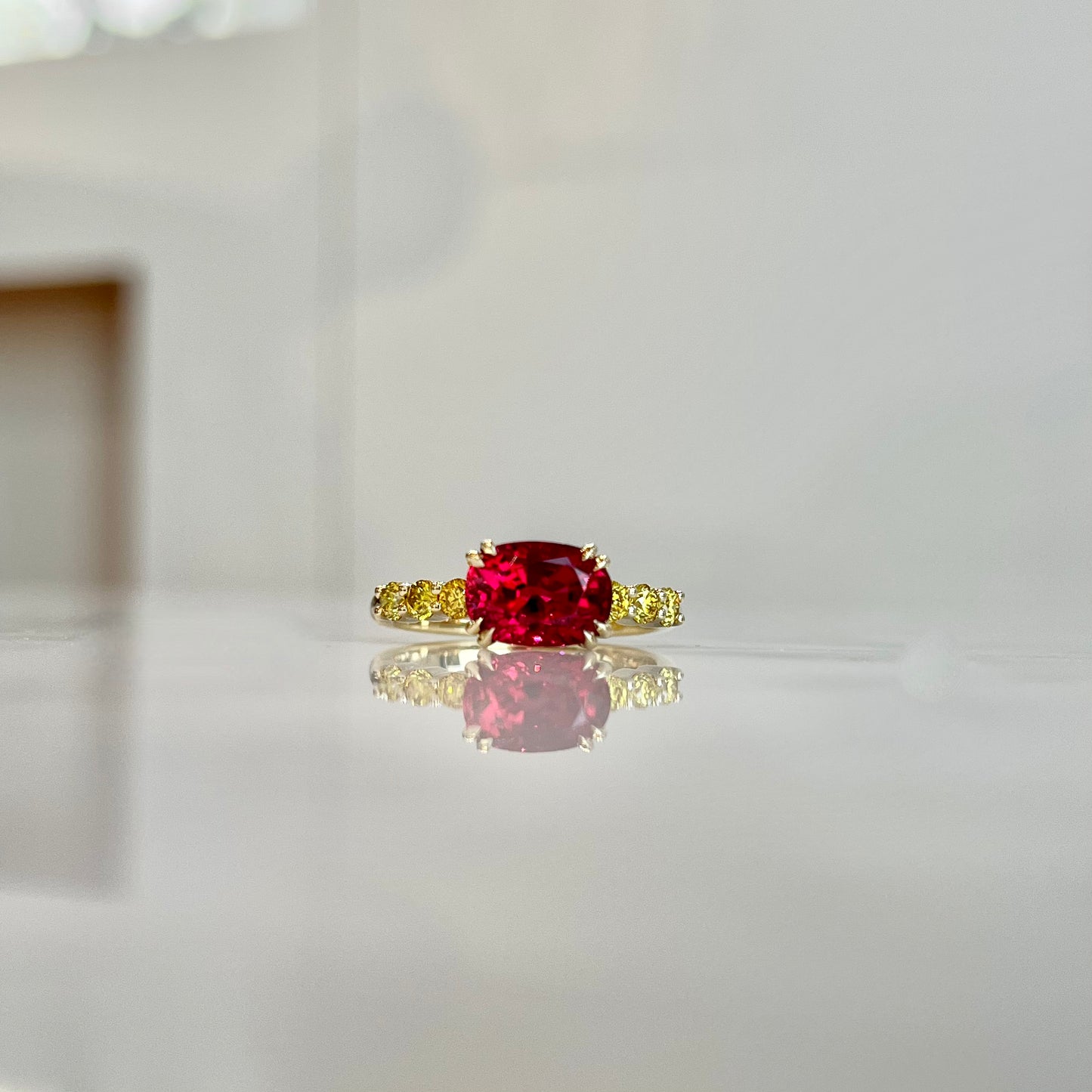 18K Yellow Gold Natural Burmese Red Spinel and Yellow Diamond ring