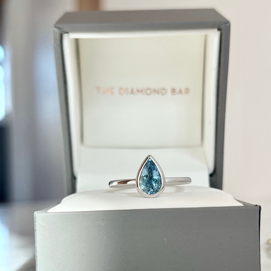 14K White Gold Pear Shape Aquamarine Stackable Bezel Ring