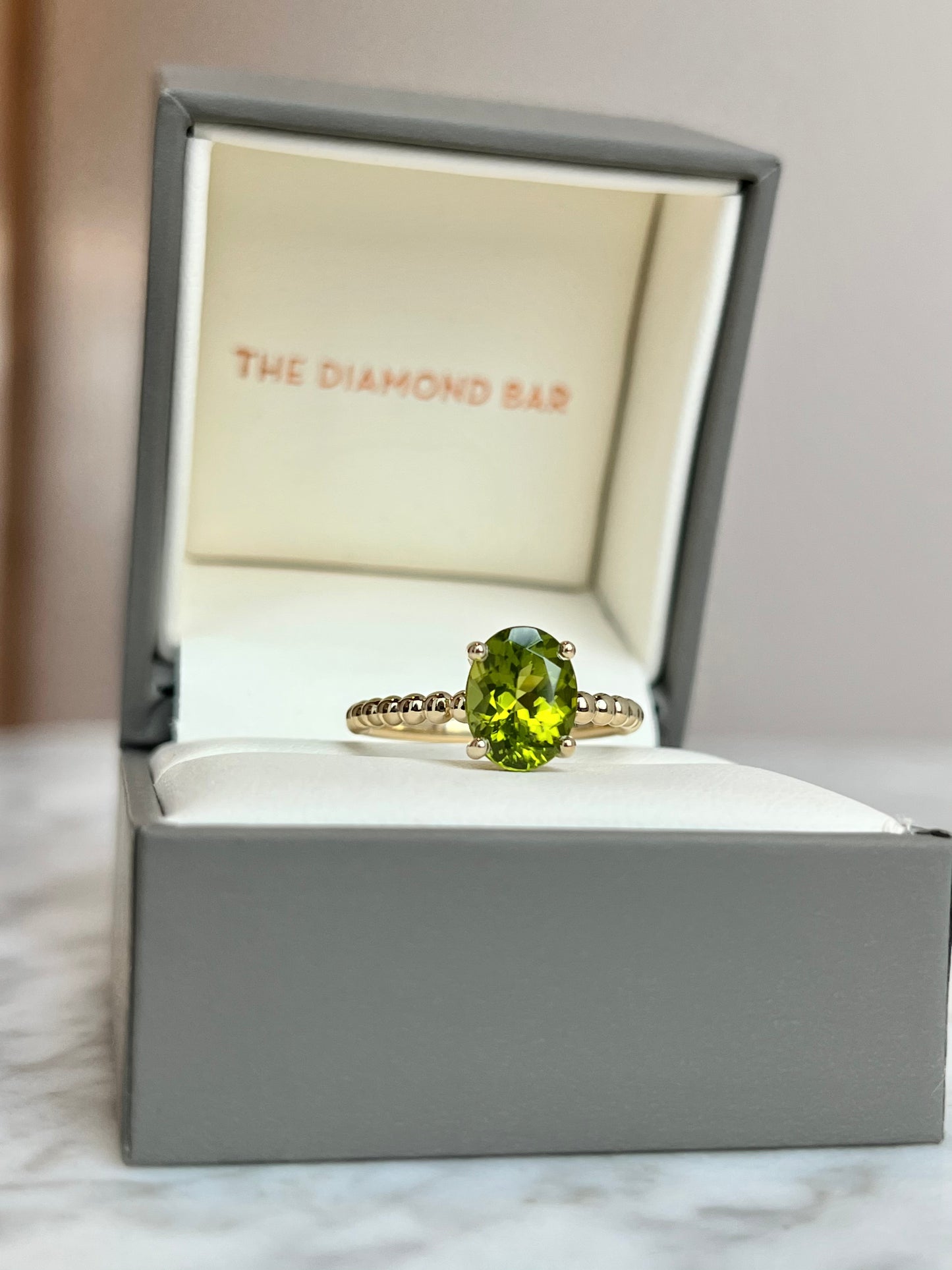 14K Yellow Gold Beaded Solitare Peridot Ring 2.07CT