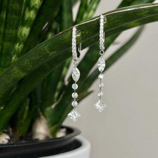 14K White Gold Marquise, Round and Princess Cut Floating Diamond Earrings