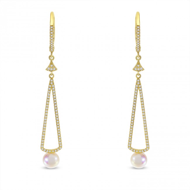 14K Yellow Gold Diamond Leverback and Pearl Long Dangle Earrings 35/100CTW