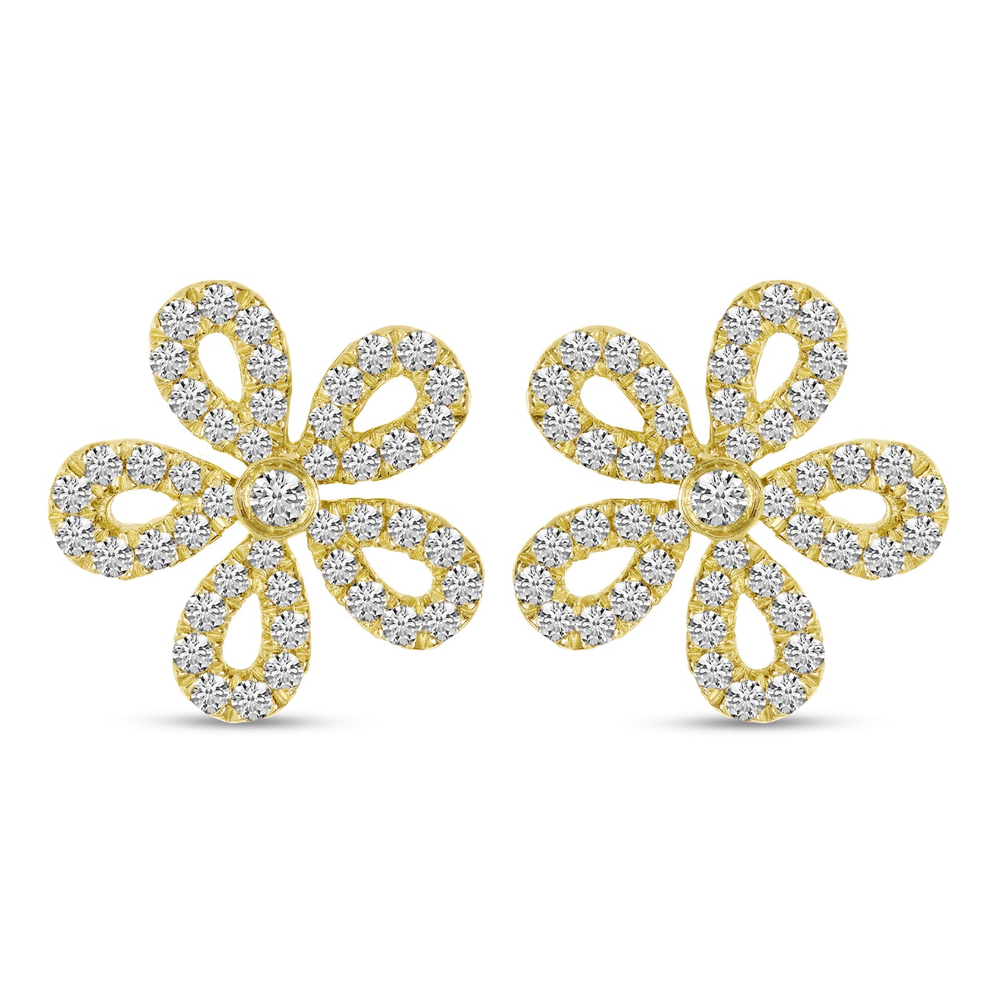 14K Yellow Gold Diamond Pave Flower Stud Earrings 29/100CTW