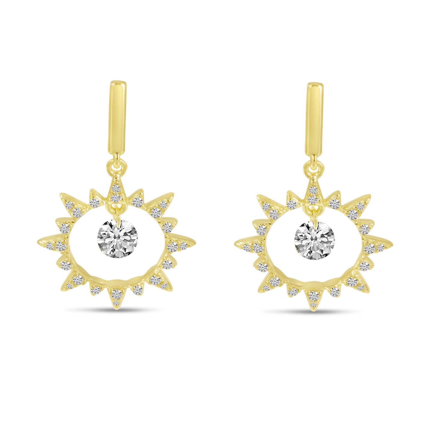 14K Yellow Gold Floating Diamond "Sun" Dangle Earrings