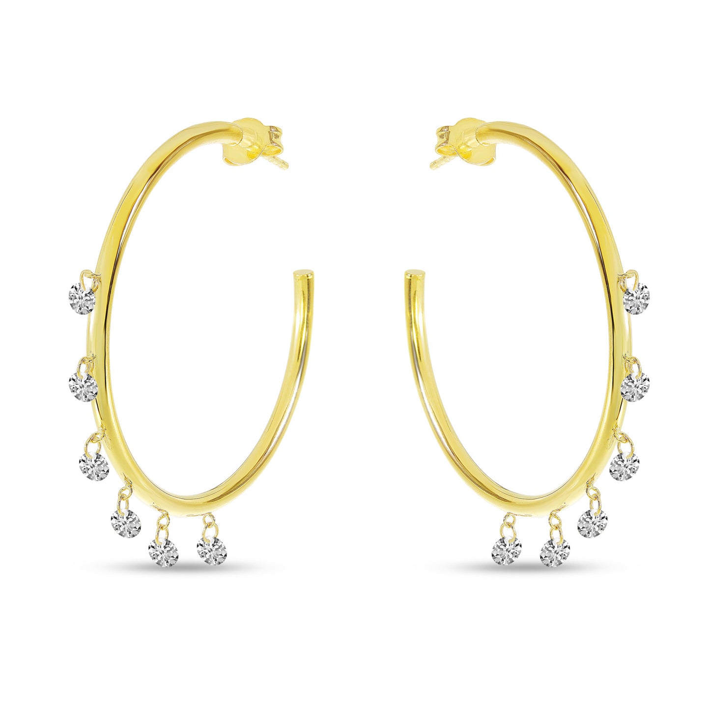14K Yellow Gold Floating Diamond 6 Stone Shaker Hoops Earring 96/100CTW