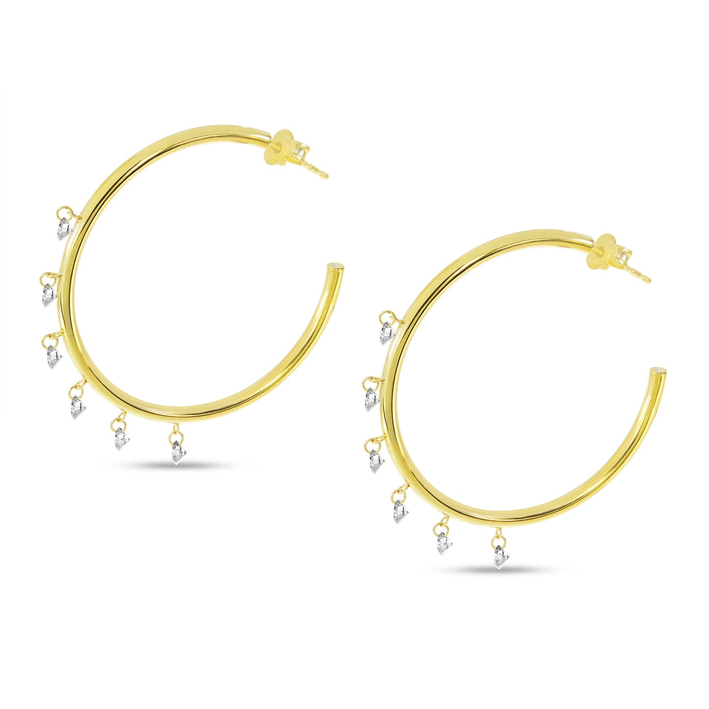 14K Yellow Gold Floating Diamond 6 Stone Shaker Hoops Earring 96/100CTW