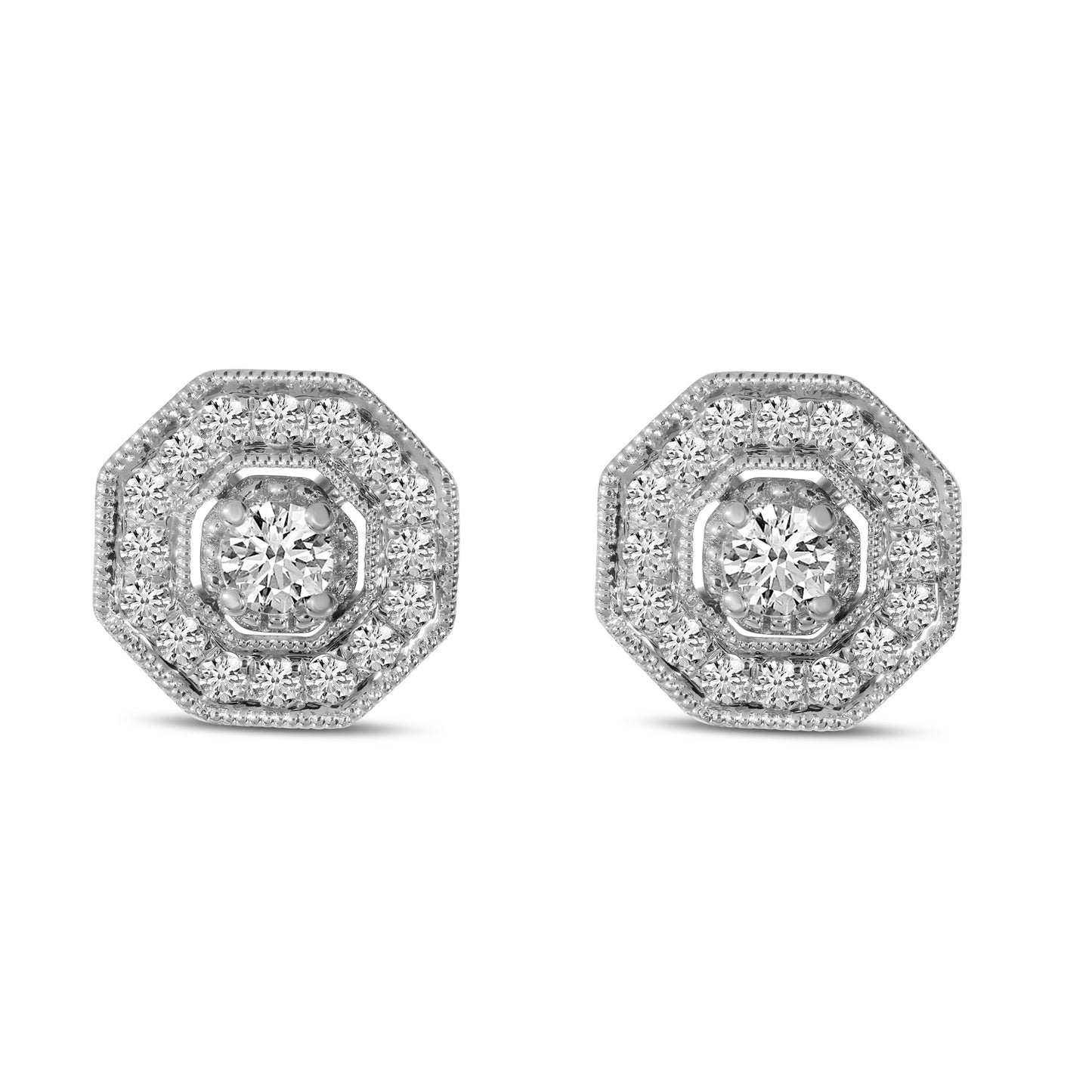 14K White Gold Art Deco Hexagon Halo Diamond Stud Earrings 41/100CTW