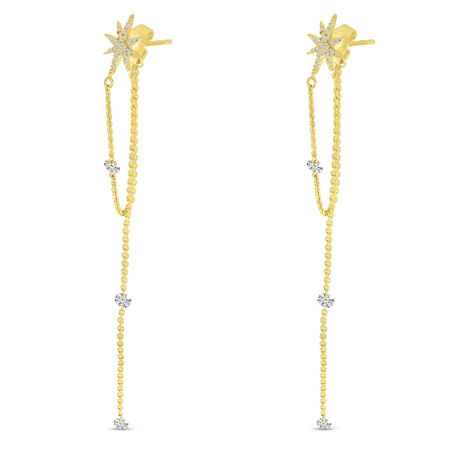 14K Yellow Gold Floating Diamond Star Chain Dangle Earrings