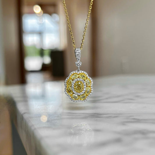 18K Two-Tone White and Yellow Fancy Yellow Diamond Triple Halo Necklace