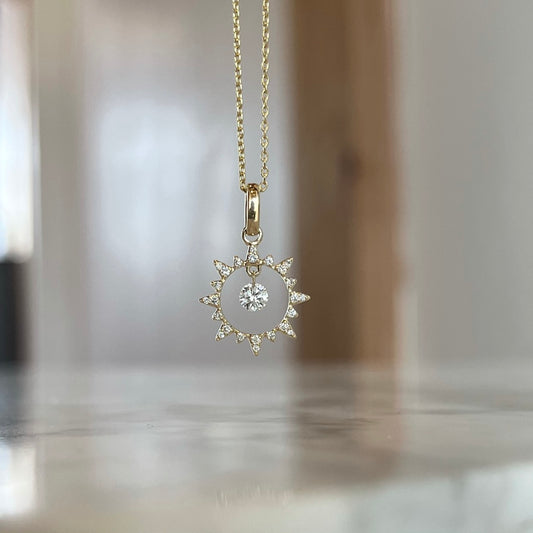 14K Yellow Gold Floating Diamond Sun Dangle Pendant