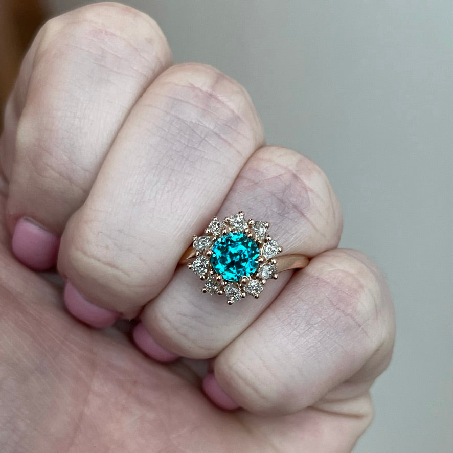 14K Rose Gold Blue Zircon and Diamond Halo Ring
