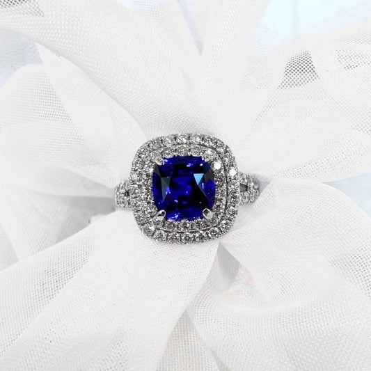 14K Double Halo Diamond and Sapphire Ring 3.82CTW