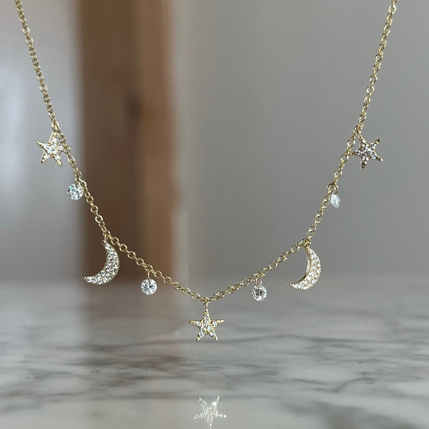 14K Yellow Gold Dashing Diamond Moon and Stars Floating Diamonds Necklace 36/100CTW