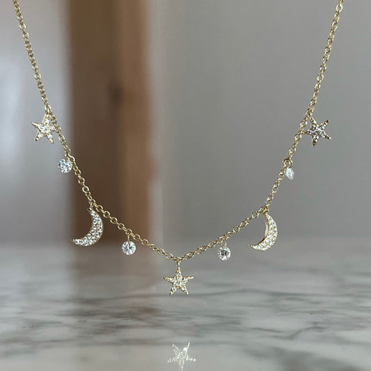 14K Yellow Gold Dashing Diamond Moon and Stars Floating Diamonds Necklace 36/100CTW